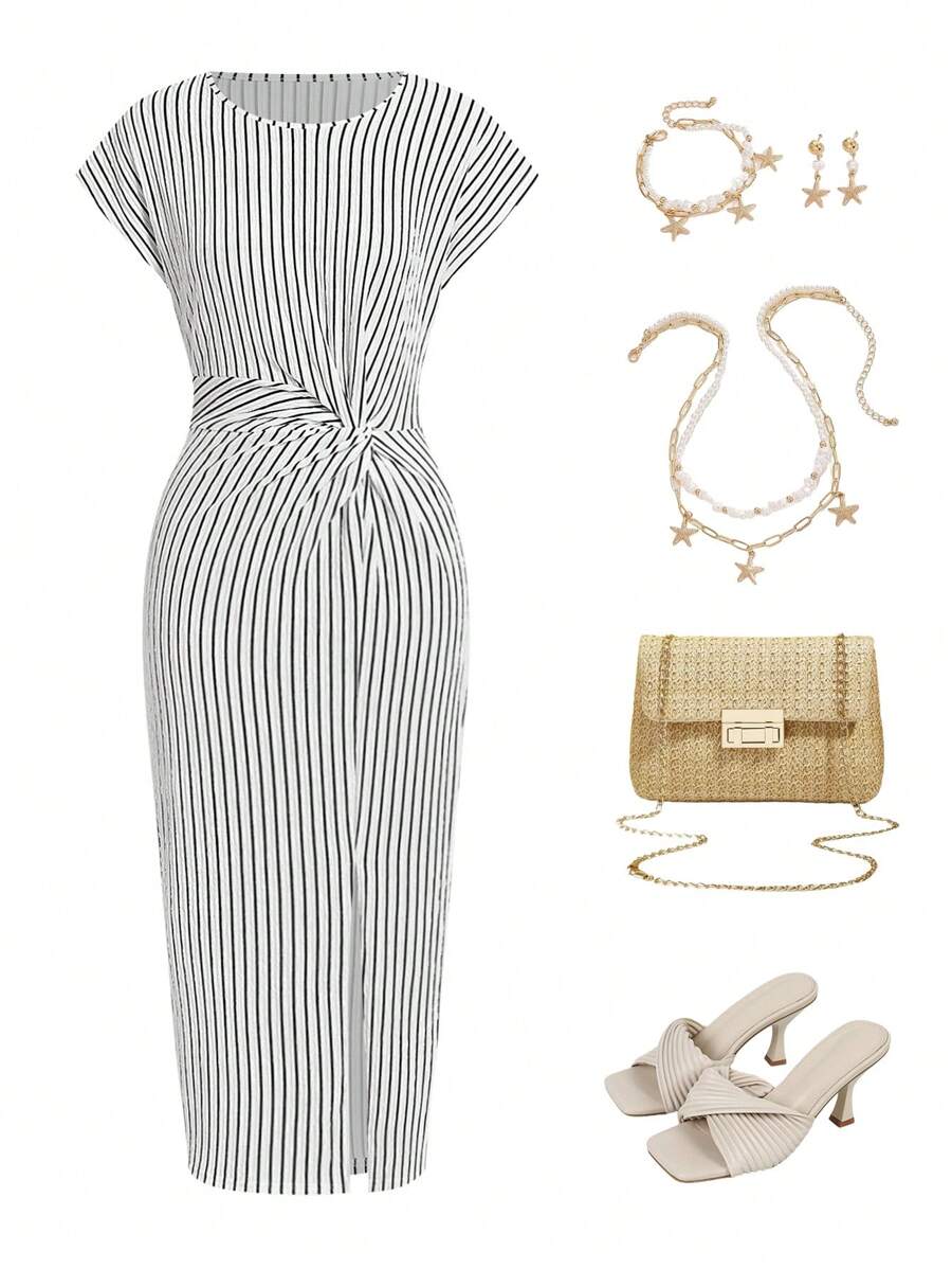 Ellevyn 黑白条纹系腰带圆领短袖紧身中长款女装连衣裙女士夏装女士夏装乡村装女士夏装女士夏装 - 黑與白 - 查看 1