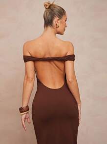 Lumalex Robe fourreau femme à l'épaule dénudée avec dos torsadé, pour mariage de saison, cérémonie de passage à l'âge adulte, vacances à la plage et bord de mer, en tenue de soirée élégante pour femme, robe de cocktail pour garden party, robes d'été pour femmes - Marron - Voir 5