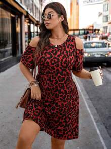 SHEIN LUNE Vestido de hombros descubiertos con estampado de leopardo y recortes para mujer de talla grande, vestidos de verano para mujer, estampado de guepardo, atuendos para rave y festivales, ropa occidental para mujer, estilo bohemio, hippie, vaquera, conjunto bohemio