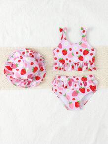 Baby Girls' Two Pieces Floral Print & Solid Color Skirt Bikini With Hood, Cute Baby Girl Swimming, Baby Girl Beachwear - Baby Pink - View 3