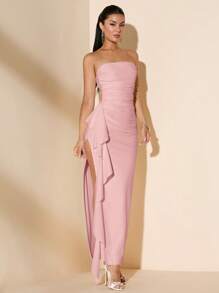 SHEIN BAE 夏季伴娘礼服无袖露肩性感褶皱高开叉荷叶边裹身长裙，白色 - 藕粉色 - 查看 3