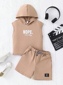 SHEIN 2pcs/Set Young Boy Letter Print Hoodie Top And Shorts Set - Khaki - View 1