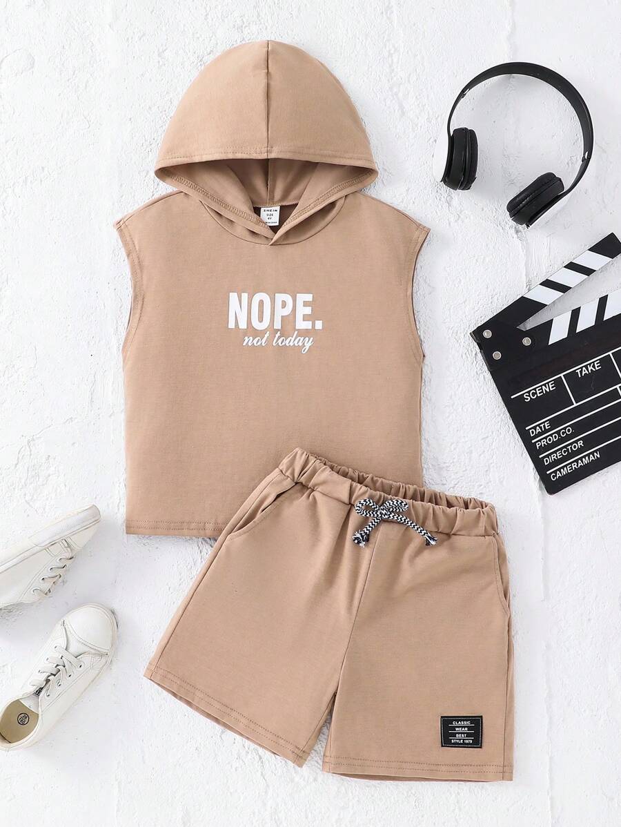 SHEIN 2pcs/Set Young Boy Letter Print Hoodie Top And Shorts Set - Khaki - View 1