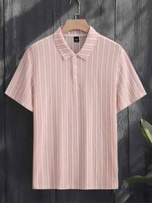 Manfinity Homme Men's Striped Short Sleeve Casual Commuter Polo Shirt, 2000s Style - Pink - View 3