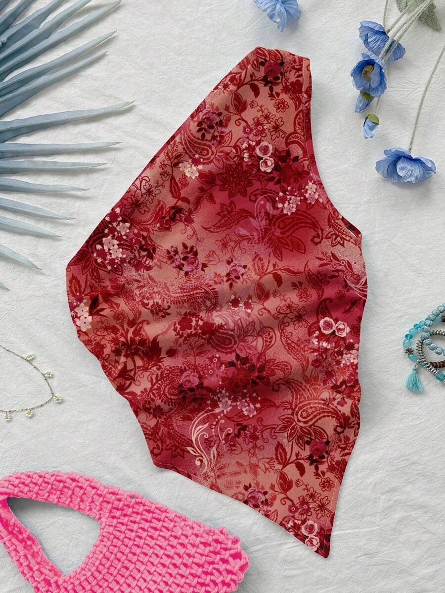 Soleia 女士夏季假期不对称下摆露肩衬衫，紫红色，佩斯利印花，适合度假 - 彩色 - 查看 1