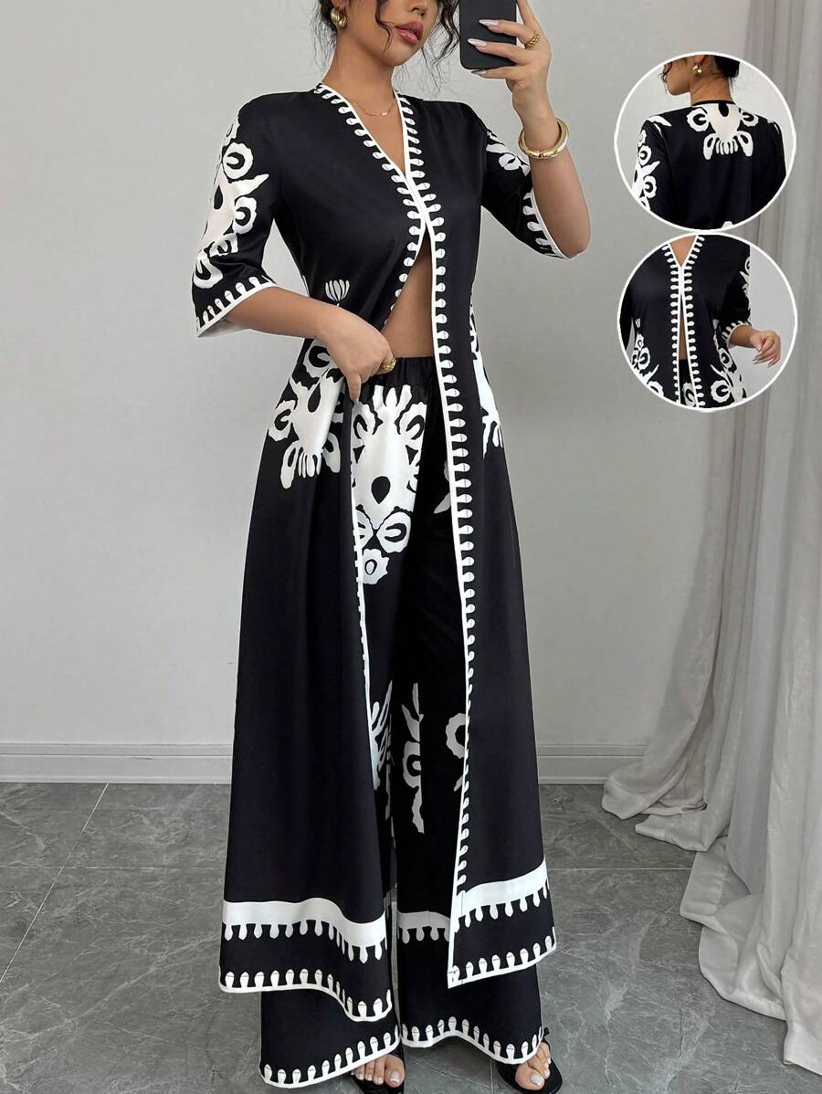 SHEIN Raffinéa 2 件女士优雅夏日度假 V 领短袖衬衫和松紧腰花卉长裤，编织多色套装 - 彩色 - 查看 1