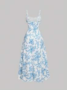 SHEIN MOD Váy không tay in hoa lãng mạn cho nữ - Xanh và trắng - Xem 2