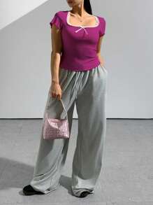 Calvaya Maglietta casual da donna taglie forti con maniche corte, decorata con pizzo a contrasto e fiocco