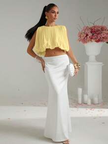 Lumalex Sleeveless Crew Neck Ruched Bubble Hem Crop Top For Women - Yellow - View 1