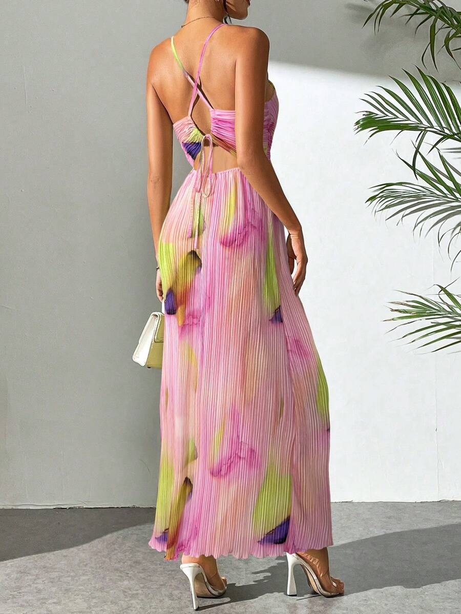 Firerie Women's Backless Criss-Cross Adjustable Strap Ruched Long A-Line Tie-Waist Spaghetti Strap Maxi Dress, Floral Print, Vacation, Pleated, Backless, Suitable For Commute, Elegant, Sexy, Vacation, Beach, Hawaii, Romantic, Date, Tea Party Dress, Summer Dresses For Women - Pink - View 1