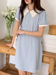 DAZY Color Block Puff Sleeve Mini Dress For Women Summer Sundress - Blue - View 8