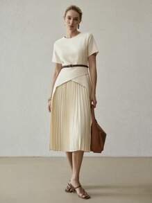 MOTF PREMIUM SOLID SHORT SLEEVE PLEATED PANEL DRESS - Apricot - View 4