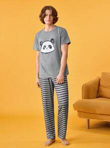 Happy Jammies 2pcs Men's Cartoon Panda Print Short Sleeve T-Shirt And Striped Pants Pajamas Set