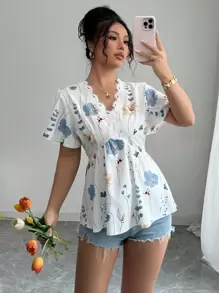 Elenzga Women's Elegant Fashion Commute Charm Casual Comfortable Holiday Ruffled Short Sleeve V-Neck Ruched Lace Trim Print Blouse (Random Print) - White - View 1