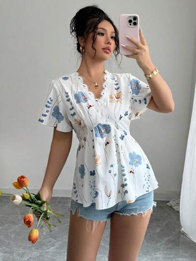 Elenzga Women's Elegant Fashion Commute Charm Casual Comfortable Holiday Ruffled Short Sleeve V-Neck Ruched Lace Trim Print Blouse (Random Print)