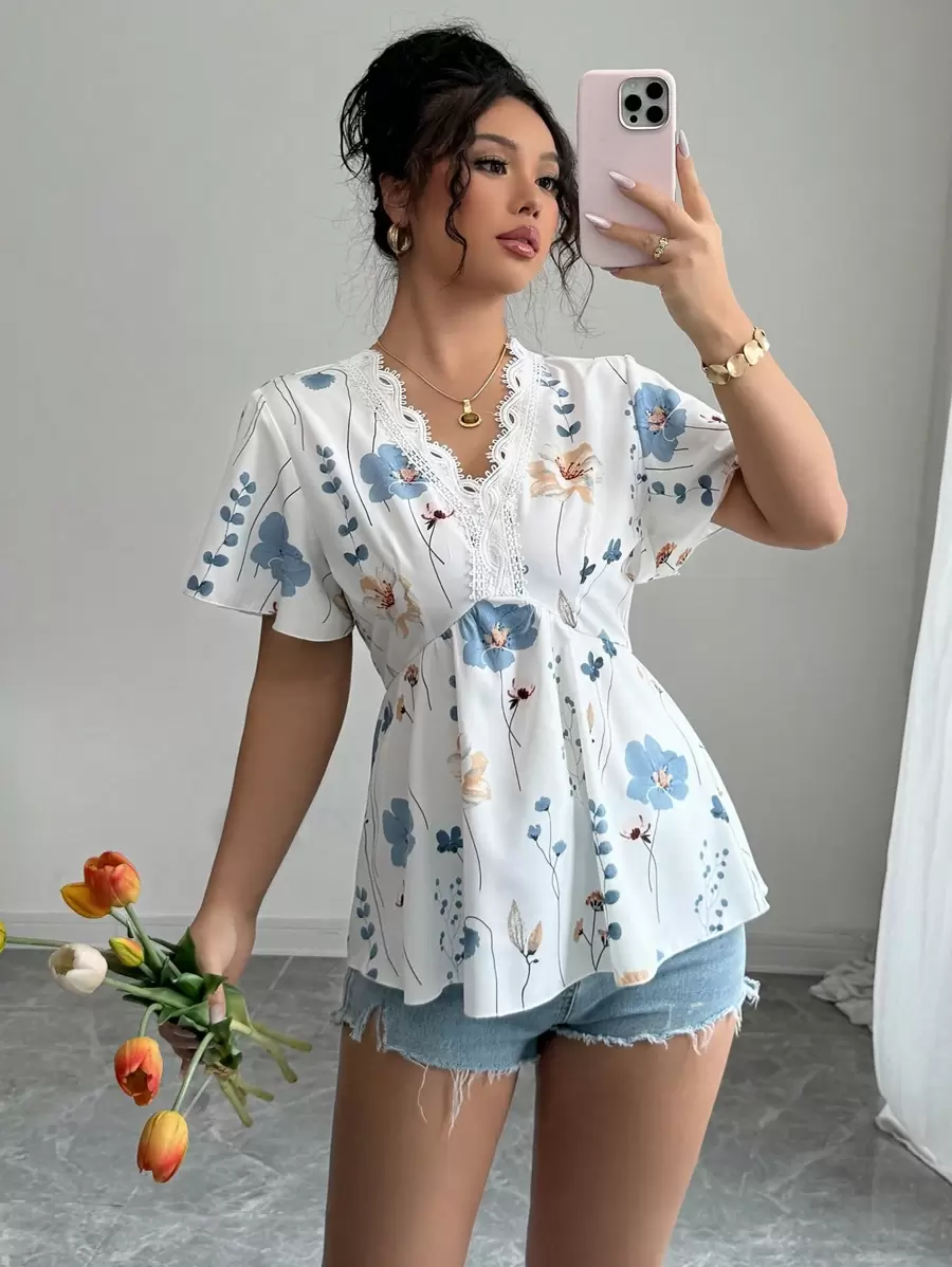 Elenzga Women's Elegant Fashion Commute Charm Casual Comfortable Holiday Ruffled Short Sleeve V-Neck Ruched Lace Trim Print Blouse (Random Print) - White - View 1