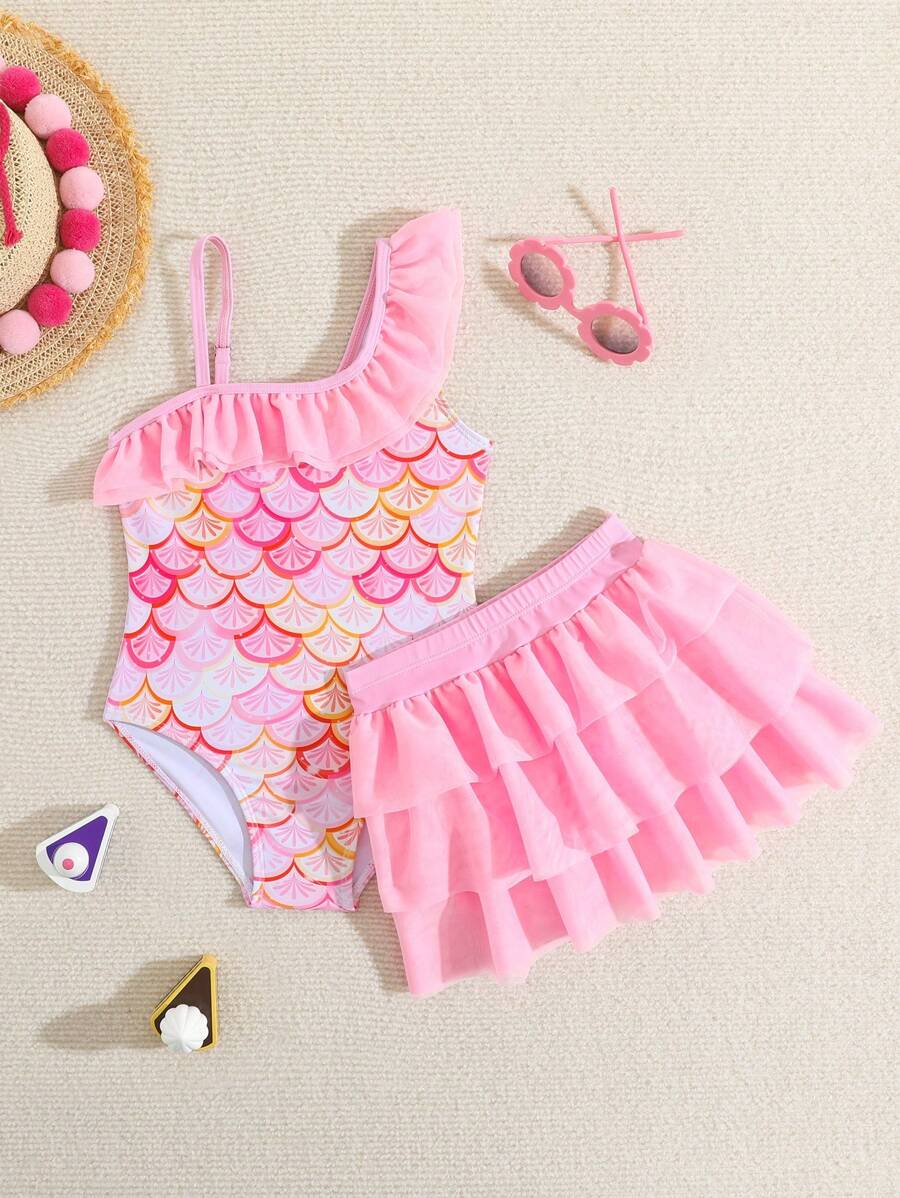 Young Girl Fish Scale Print Ruffled One-Piece Swimsuit With Cover Up Skirt, Suitable For Beach Vacation Summer Holiday - Baby Pink - View 1