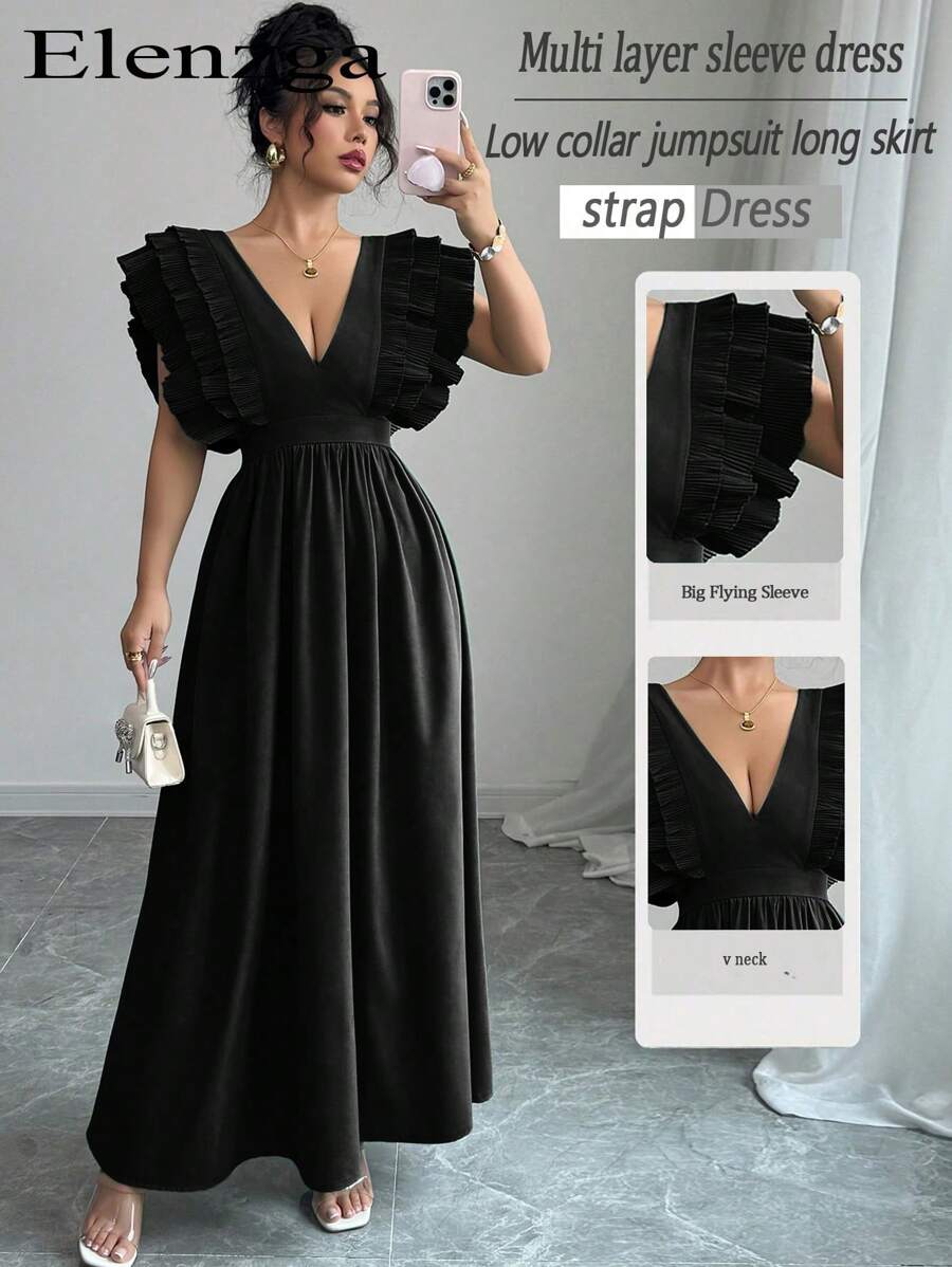 Elenzga 女士纯色 V 领优雅长裙，简约时尚，适合夏季