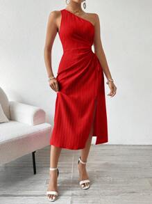 Breezaya Ladies' Solid Color Oblique Shoulder Split Hem Elegant Dress Maxi Women Outfit - Red - View 5