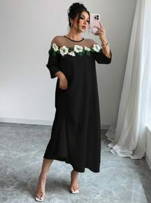 Elenzga فستان نسائي أنيق مزين بقطع شبكي مطرز بالأزهار - طراز أزهار عشوائي