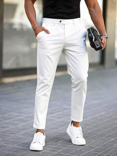 Manfinity Mode Men's Solid Color Simple Daily Slim Fit Suit Pants