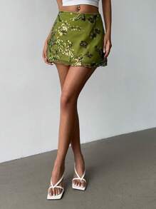 Aloruh 绿色亮片刺绣迷你裙，简约时尚，适合夏天 - 綠色 - 查看 3