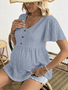 SHEIN Top de maternidad de punto jacquard con decoración de botones en escote en V - Azul - Ver 4