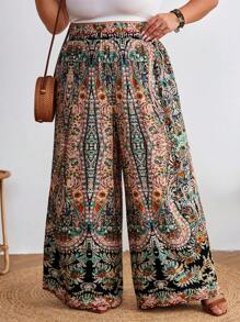 SHEIN CURVE+ Plus Size Bohemian Pants: High-Waisted Wide Leg Paisley Floral Printed Pants,Flowy Pants Boho Vacation