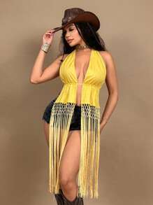 SHEIN SXY 女士纯色拼接流苏下摆性感露背背心，夏季上衣，西部女装，外出，波西米亚风，音乐会女装，狂欢，节日，露背上衣，纳什维尔，辣妹，黄色 - 黃色 - 查看 5