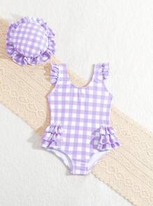 SHEIN Baby Girls' Swimsuit, Random Printed, Frilled Edged One-Piece With Detached Cap - Multicolor - View 3