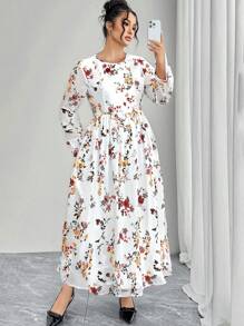 Modelyn 大码女式花卉印花雪纺优雅连衣裙 - 白色 - 查看 4