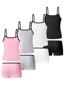 Sparklyn 4pcs/Set Girls' Minimalist Solid Color Series Wire-Free Camisole And Comfortable Breathable Boxer Brief Underwear Set, With Butterfly Elastic Band - Multicolor - View 2