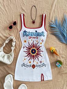 Soleia Vacation Women's Colorful Letter & Floral Print Contrast Collar Open Slit Mini Dress,Rave Outfits Festival - White - View 4