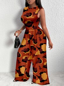 Slaydiva Plus Size Zomer Camouflage Print Wijde Pijpen Jumpsuit