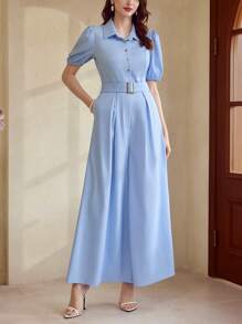 Vintamour Vintage Retro Elegant Women's Jumpsuit With Shirt Wide Leg Pants With Belt Casual For Commuting Summer Outfits For Women Spring Outfits For Women Vacation Outfits Woman Easter Vacation Outfits Women Wedding Guest Dress Women Summer Clothes Business Casual Woman Office Outfits For Women Spring Clothes Spring Break Women Summer Clothes Church Clothes Women Concert Outfit Women Pants For Women Summer Clothes Women Rompers Cruise Attire Women Modest - Blue - View 1