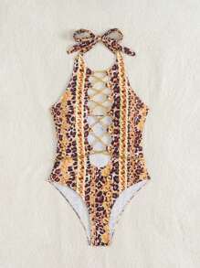 SHEIN Swim Ladies' One-Piece Swimsuit With Metal Chain Decoration, Criss-Cross Strap Design, Sexy One Piece Swimsuit For Island, Beach, Resort, Pool Party, Summer - Multicolor - View 3