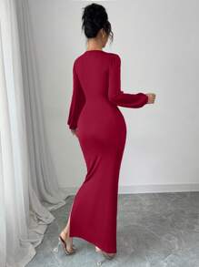 Modelyn Square Neck Sequin Knitted Long Sleeve Women's Dress Fall Cloth For Women - Burgundy - View 2