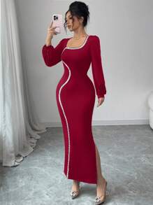 Modelyn Square Neck Sequin Knitted Long Sleeve Women's Dress Fall Cloth For Women - Burgundy - View 4
