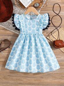 SHEIN Wildeya Little Girls Casual Holiday Dress,White,Summer,Fairy,Family Matching Tropical Botanical Print Ruffled Sleeves Vintage Vacation Clothing - Blue - View 3