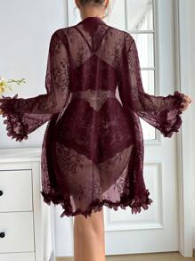 Slumberist Women Floral Lace Cami Top And Shorts Pajama Set With Long Sleeve Robe - Maroon - View 2