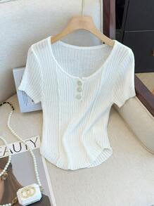 Chiquease Women's Solid Color Knit Short Sleeve Top, Minimalist & Fashionable For Summer - White - View 6