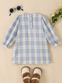 SHEIN Infant & Baby Girl Retro Olive Green Plaid Frill Trim Long Sleeve Sweet Fashion Elegant Dress, Spring/Autumn - Blue - View 2