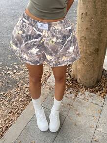 SHEIN EZwear Plus Size Print Casual Shorts, Fashionable & Suitable For Summer - Grey - View 1