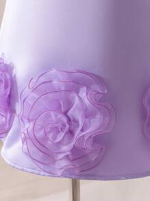 SHEIN 年轻女孩紫色编织纹理花卉 3D 圆领无袖修身连衣裙，优雅，婚礼，花童，大蝴蝶结，珍珠，蝴蝶结后背 - 紫色 - 查看 4