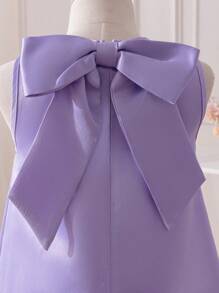 SHEIN 年轻女孩紫色编织纹理花卉 3D 圆领无袖修身连衣裙，优雅，婚礼，花童，大蝴蝶结，珍珠，蝴蝶结后背 - 紫色 - 查看 7