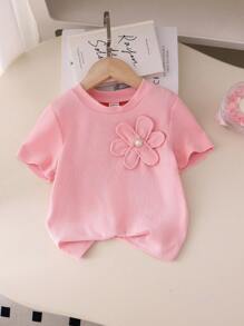 SHEIN Vintaside Kids Young Girl Pink Knit Short Sleeve T-Shirt, Intricate 3D Floral & Pearl Button Decor, Adorable & Fashionable Summer Top, Versatile Daily Wear Young Girl Tee - Pink - View 1
