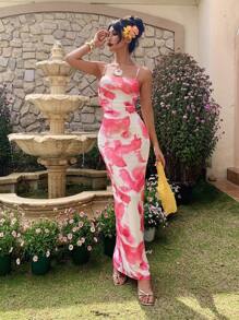 SHEIN VCAY Sommer Urlaub Farbverlauf abstrakt Blumen Muster Mesh rückenfrei Cami Maxi Kleid