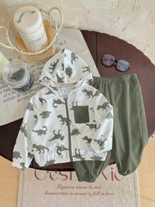 Conjunto de 2 piezas para bebé niño/niña, chaqueta ligera con capucha estampado de dinosaurio en contraste de color y pantalón liso de unicolor, adecuado para primavera, verano, otoño y viajes al aire libre