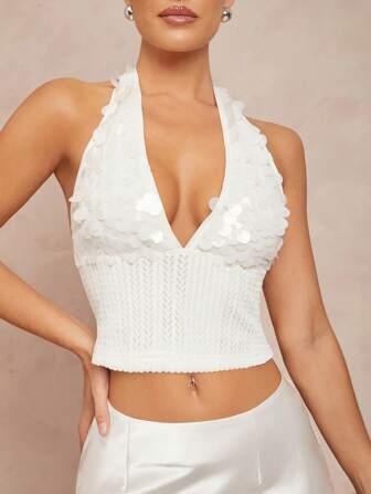 Lumalex Damen Tight Pailletten Jacquard Weste mit tiefem V-Ausschnitt und Rückenausschnitt