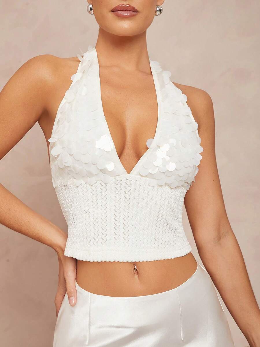 Lumalex 女士深 V 领露背紧身亮片提花背心 - 白色 - 查看 1